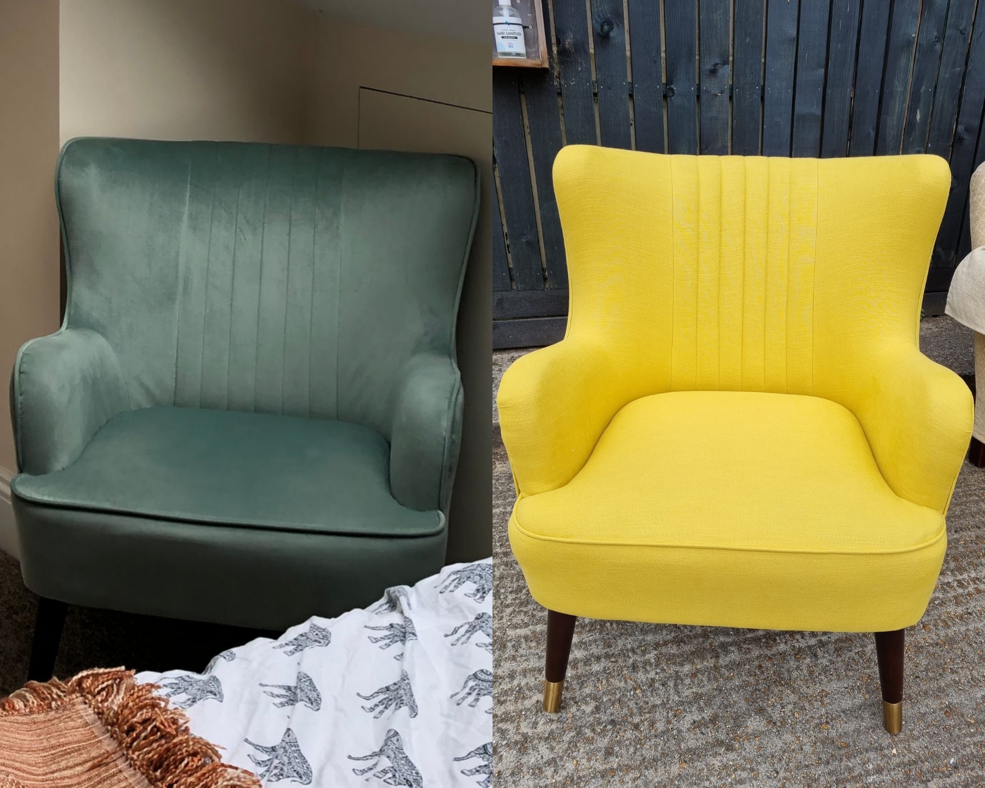 two images showing a before shot of a armchair and after image of a yellow reupholstered chair as part of a bedroom loft renovation