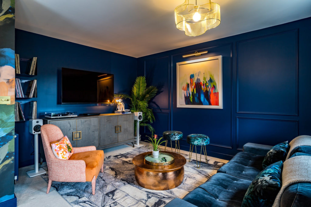 Blue grey and copper living deals room