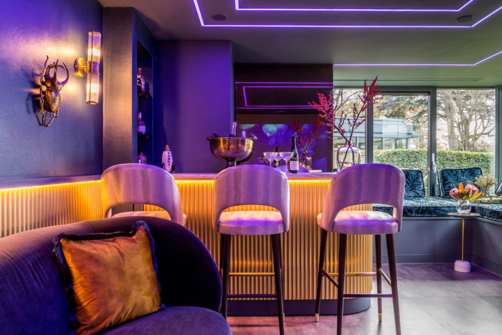 Home Bar and games room design with LED lit panelling