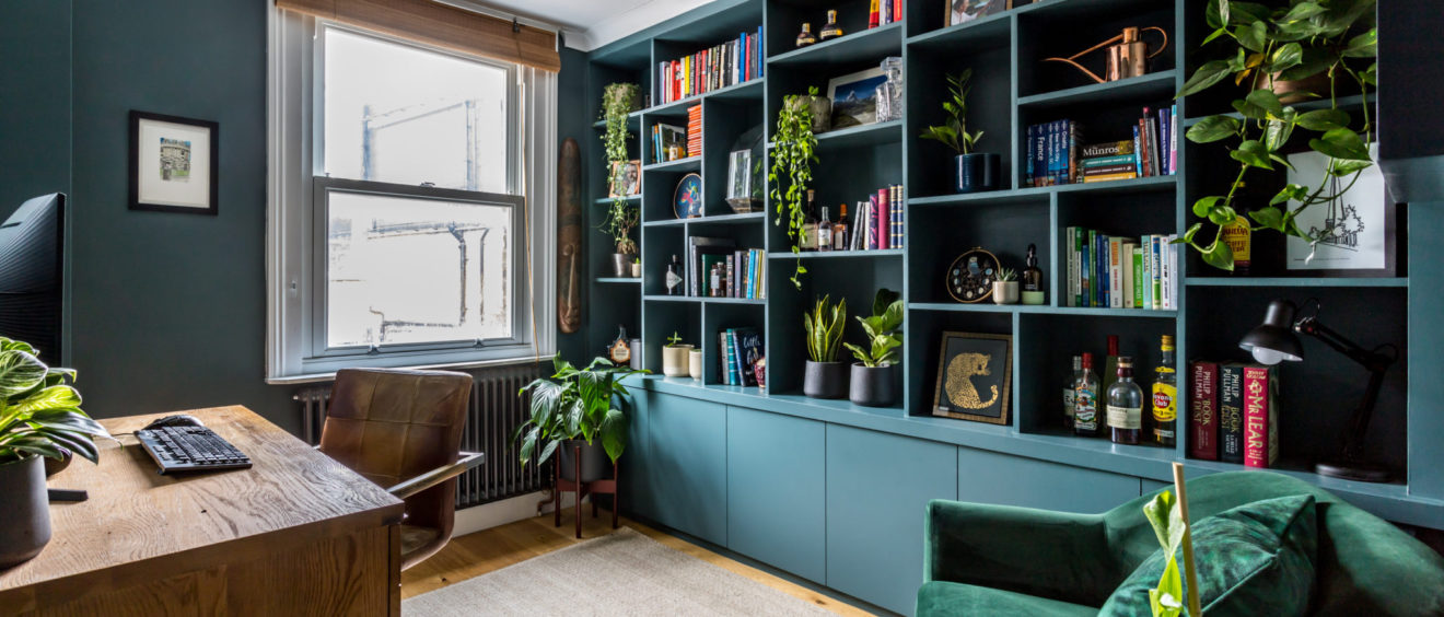 SW London Victorian terrace transformation of the study with teal joinery