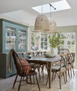 Contemporary wicker pendant lampshades for Buckinghamshire cottage interior design