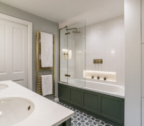 Barnes interior designer shows storage in bathroom